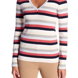 NWT J.CREW 100% cotton pink Havana Stripe V Neck L/S TEE